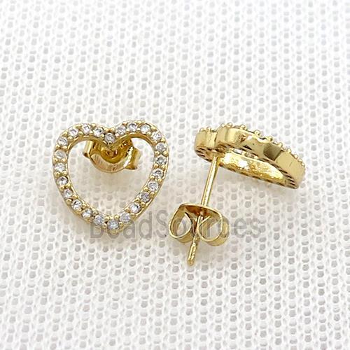 Copper Stud Earrings Pave Zircon Heart Gold Plated