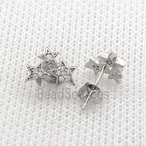 Copper Stud Earrings Pave Zircon Star Platinum Plated