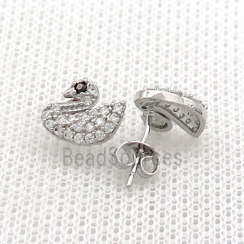 Copper Stud Earrings Pave Zircon Swan Platinum Plated