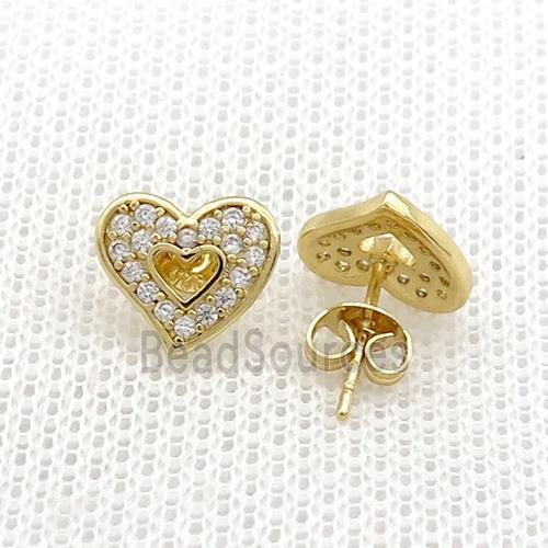 Copper Stud Earrings Pave Zircon Heart Gold Plated