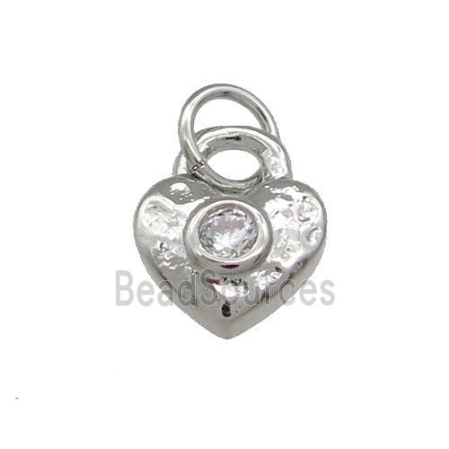 Copper Heart Pendant Pave Zircon Hammered Platinum Plated