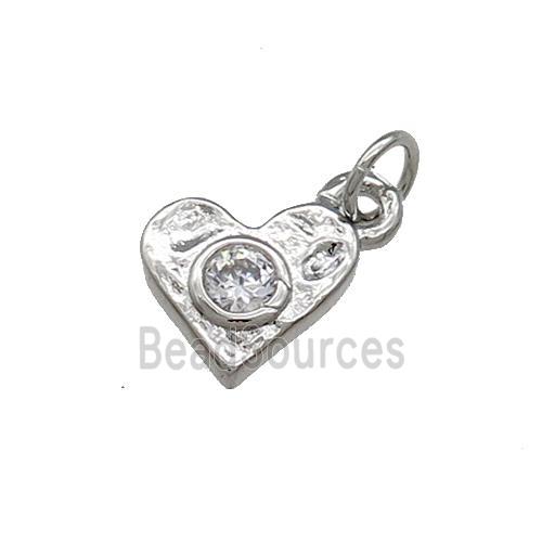 Copper Heart Pendant Pave Zircon Hammered Platinum Plated