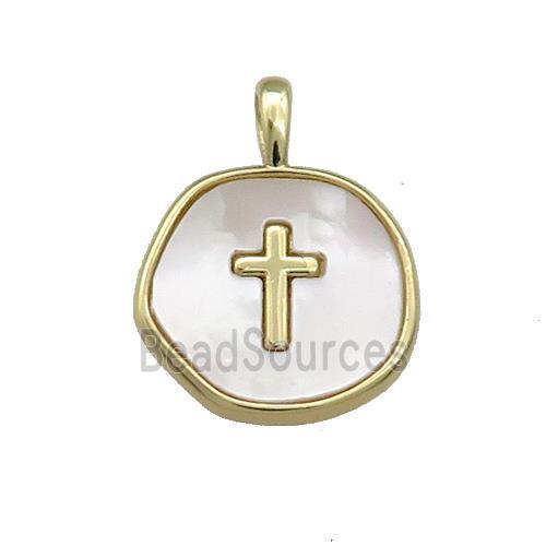 Copper Circle Pendant Pave Shell Cross Gold Plated