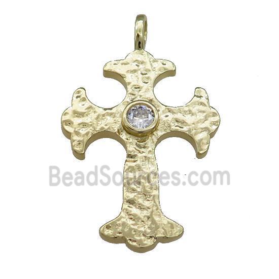 Copper Cross Pendant Pave Zircon Hammered Gold Plated