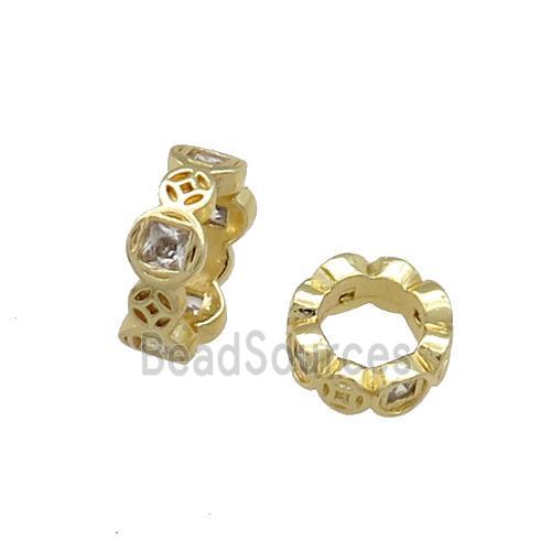 Copper Rondelle Beads Pave Zircon Large Hole Gold Plated