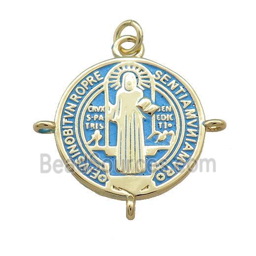 Copper Jesus Pendant Religious Medal Charms Blue Painted Circle Gold Plated