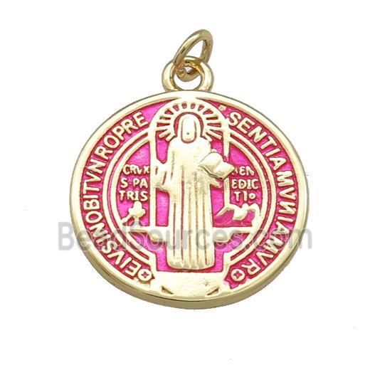 Copper Jesus Pendant Religious Medal Charms Pink Painted Circle Gold Plated