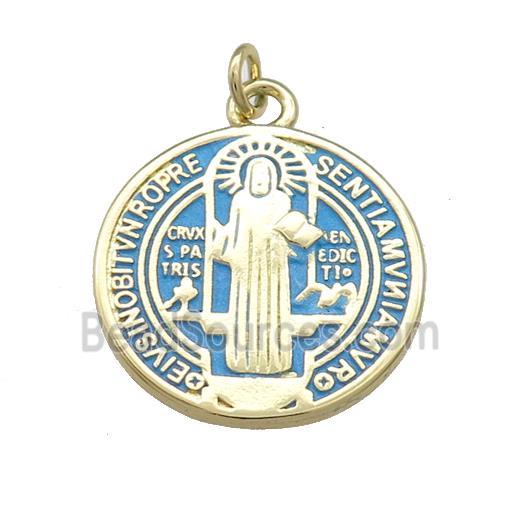 Copper Jesus Pendant Religious Medal Charms Blue Painted Circle Gold Plated