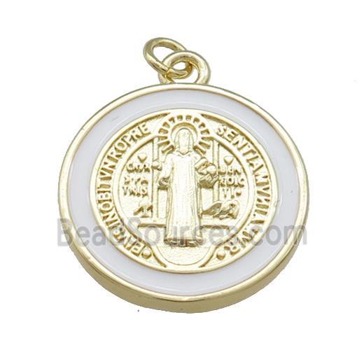 Copper Jesus Pendant Religious Medal Charms White Enamel Circle Gold Plated