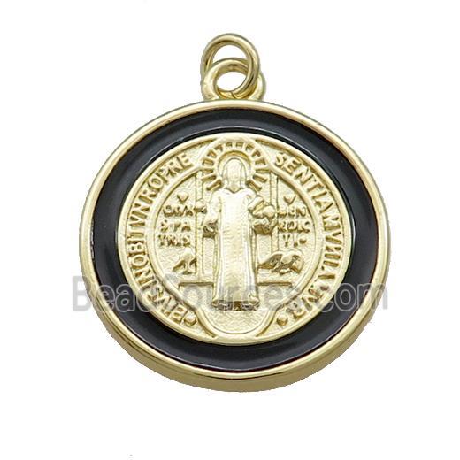 Copper Jesus Pendant Religious Medal Charms Black Enamel Circle Gold Plated