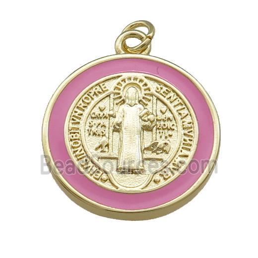 Copper Jesus Pendant Religious Medal Charms Pink Enamel Circle Gold Plated