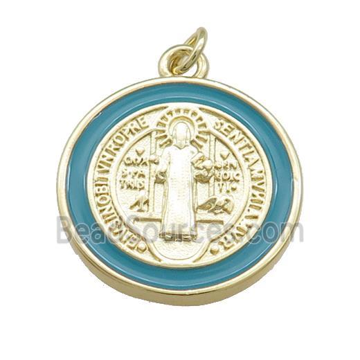 Copper Jesus Pendant Religious Medal Charms Green Enamel Circle Gold Plated