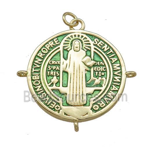 Copper Jesus Pendant Religious Medal Charms Green Painted Circle Gold Plated