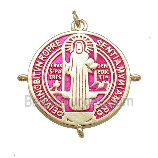 Copper Jesus Pendant Religious Medal Charms Pink Painted Circle Gold Plated