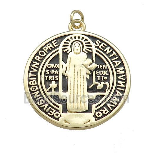 Copper Jesus Pendant Religious Medal Charms Black Painted Circle Gold Plated