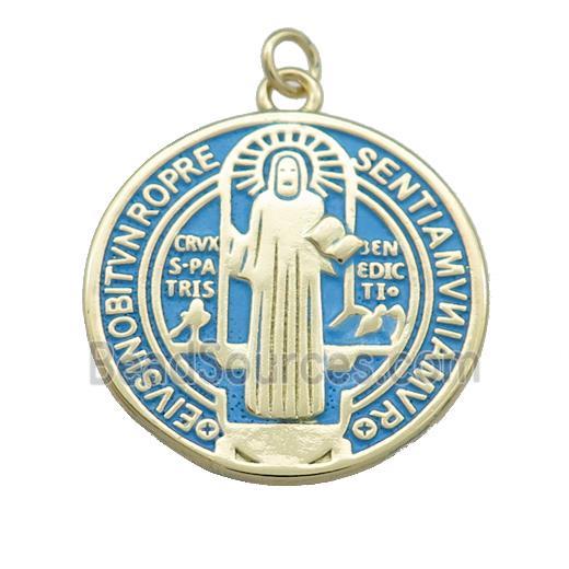 Copper Jesus Pendant Religious Medal Charms Blue Painted Circle Gold Plated