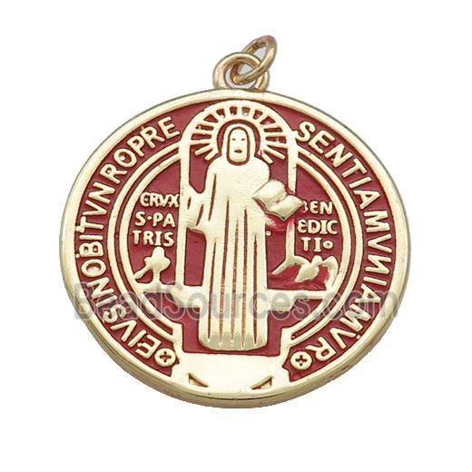 Copper Jesus Pendant Religious Medal Charms Red Painted Circle Gold Plated