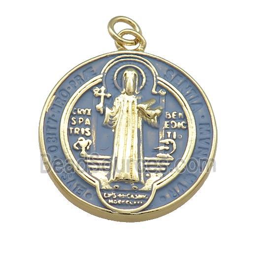 Copper Jesus Pendant Religious Medal Charms BlueGray Painted Circle Gold Plated