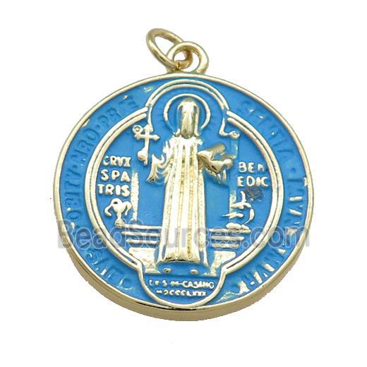 Copper Jesus Pendant Religious Medal Charms Blue Painted Circle Gold Plated