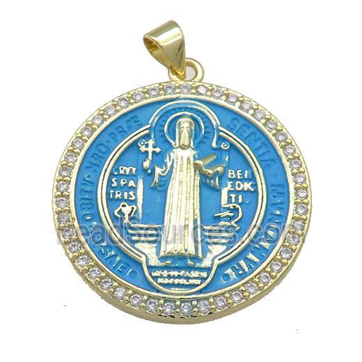 Copper Jesus Pendant Pave Zircon Religious Medal Charms Blue Painted Circle Gold Plated