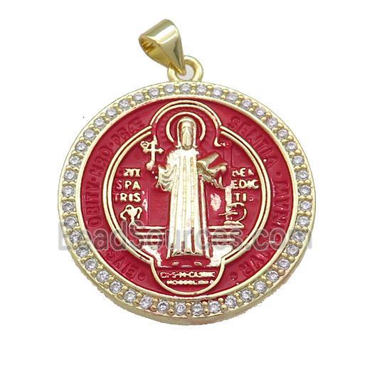 Copper Jesus Pendant Pave Zircon Religious Medal Charms Red Painted Circle Gold Plated