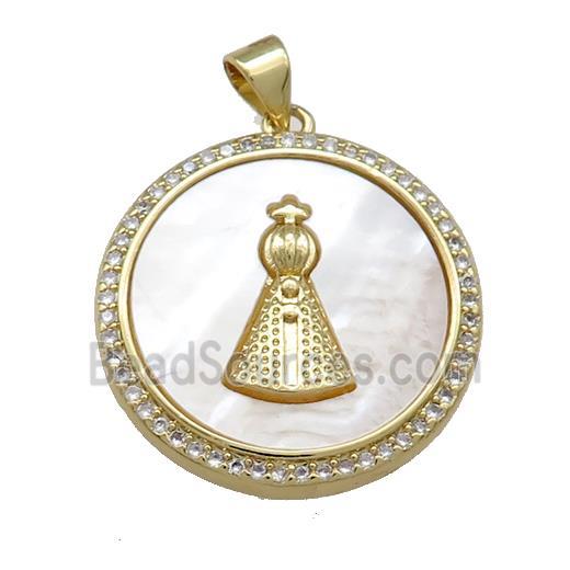 Copper Circle Pendant Pave Shell Zircon Religious Pope 18K Gold Plated