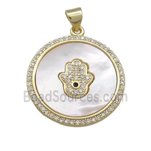 Copper Circle Pendant Pave Shell Zircon Hamsahand 18K Gold Plated