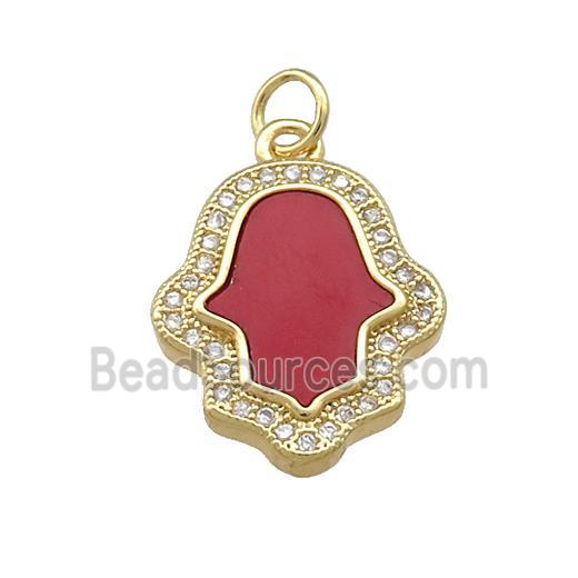 Copper Hamsahand Pendant Pave Red Shell Zircon 18K Gold Plated