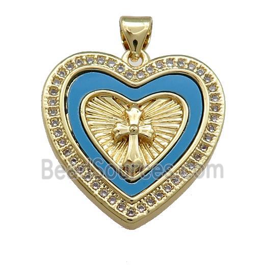 Copper Heart Pendant Pave Blue Shell Zircon Cross 18K Gold Plated