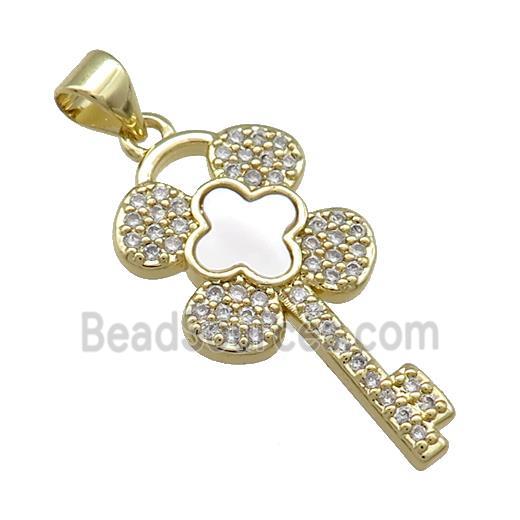 Copper Key Pendant Pave Shell Zircon Clover 18K Gold Plated