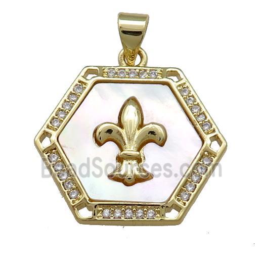 Copper Hexagon Pendant Pave Shell Zircon Fleur De Lis 18K Gold Plated