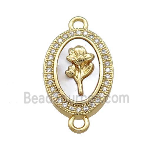 Copper Flower Connector Pave Shell Zircon Oval 18K Gold Plated