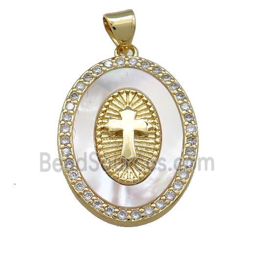 Copper Oval Pendant Pave Shell Zircon Cross Medal Charms 18K Gold Plated