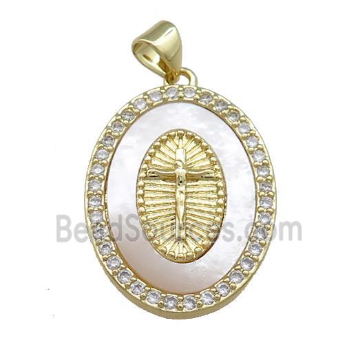 Copper Oval Pendant Pave Shell Zircon Cross Medal Charms 18K Gold Plated