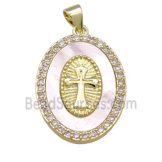 Copper Oval Pendant Pave Shell Zircon Cross Medal Charms 18K Gold Plated