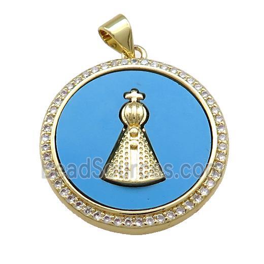 Copper Circle Pendant Pave Blue Shell Zircon Pope Charms 18K Gold Plated