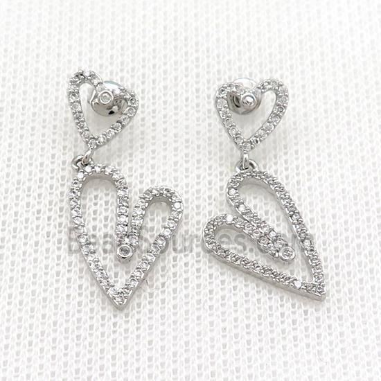 Copper Stud Earrings Heart Pave Zircon Platinum Plated