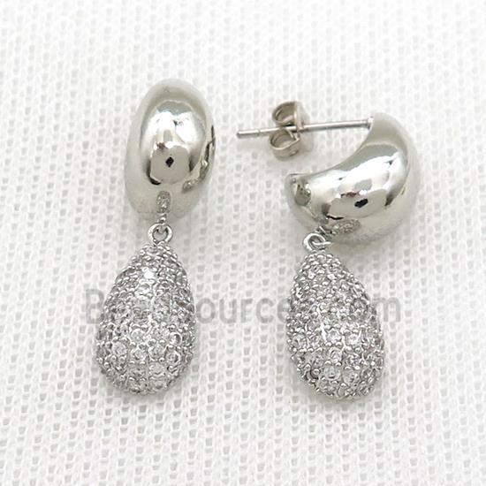 Copper Stud Earrings Teardrop Pave Zircon Platinum Plated