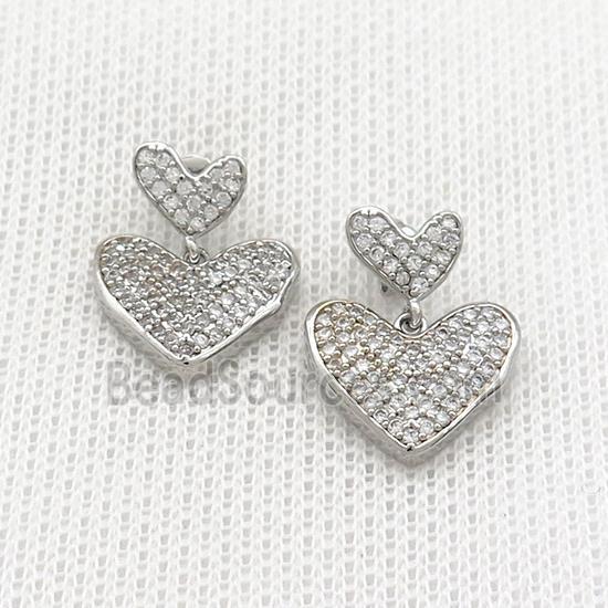 Copper Stud Earrings Heart Pave Zircon Platinum Plated