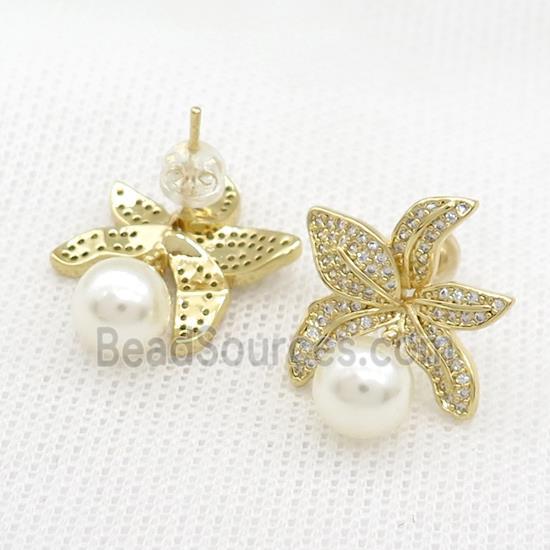 Copper Flower Stud Earrings Pave Zircon Pearlized Plastic Gold Plated