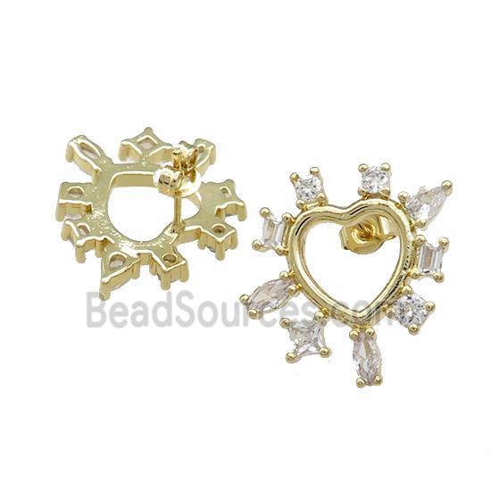 Copper Heart Stud Earrings Pave Zircon Gold Plated