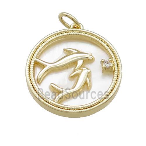 Dolphins Charms Copper Circle Pendant Pave Shell Gold Plated