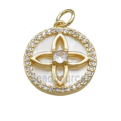 Flower Charms Copper Circle Pendant Pave Shell Zircon Gold Plated