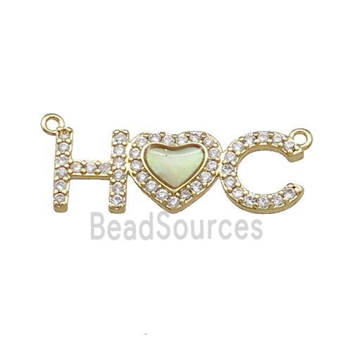 Copper Heart Pendant Pave Shell Zircon Letter 2loops Gold Plated