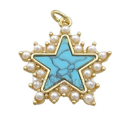 Copper Star Pendant Pave Synthetic Turquoise Pearlized Resin Gold Plated