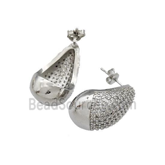 Copper Teardrop Stud Earrings Pave Zircon Dome Platinum Plated