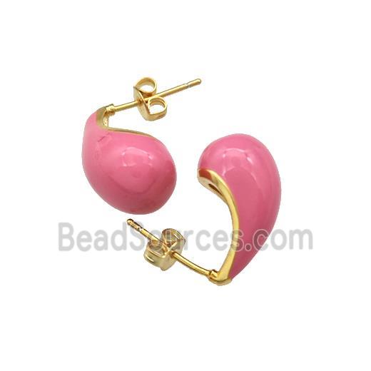 Copper Teardrop Stud Earrings Pink Enamel Gold Plated