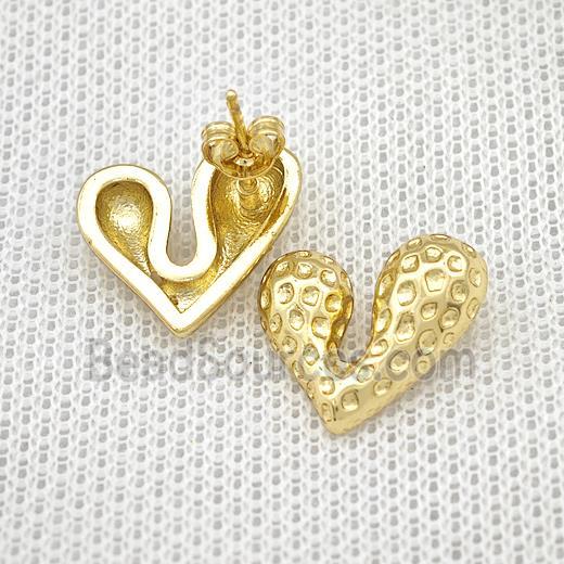 Copper Heart Stud Earrings Hammered Gold Plated