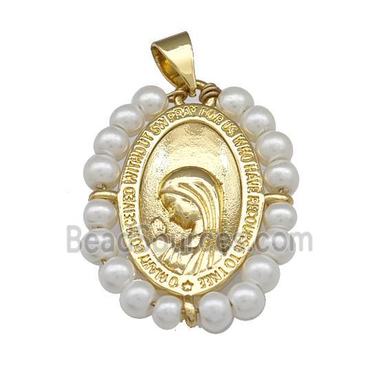 Virgin Mary Charms Copper Oval Pendant Prayer With Pearlized Resin Wire Wrapped Gold Plated