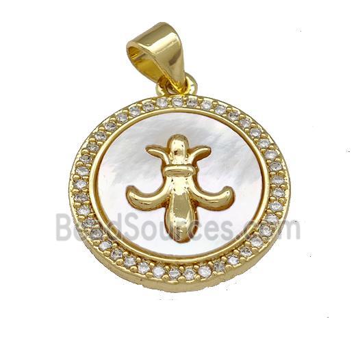 Copper Circle Pendant Pave Shell Zirconia Fleur De Lis 18K Gold Plated